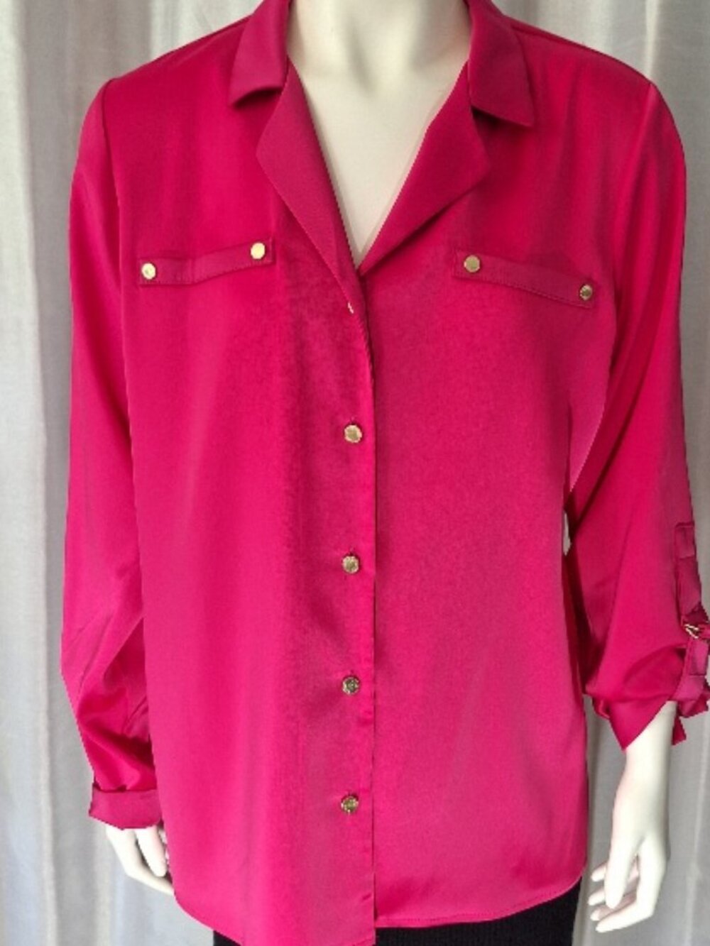 Anne Klein NWT new blouse long sleeve utility pink fuchsia size medium